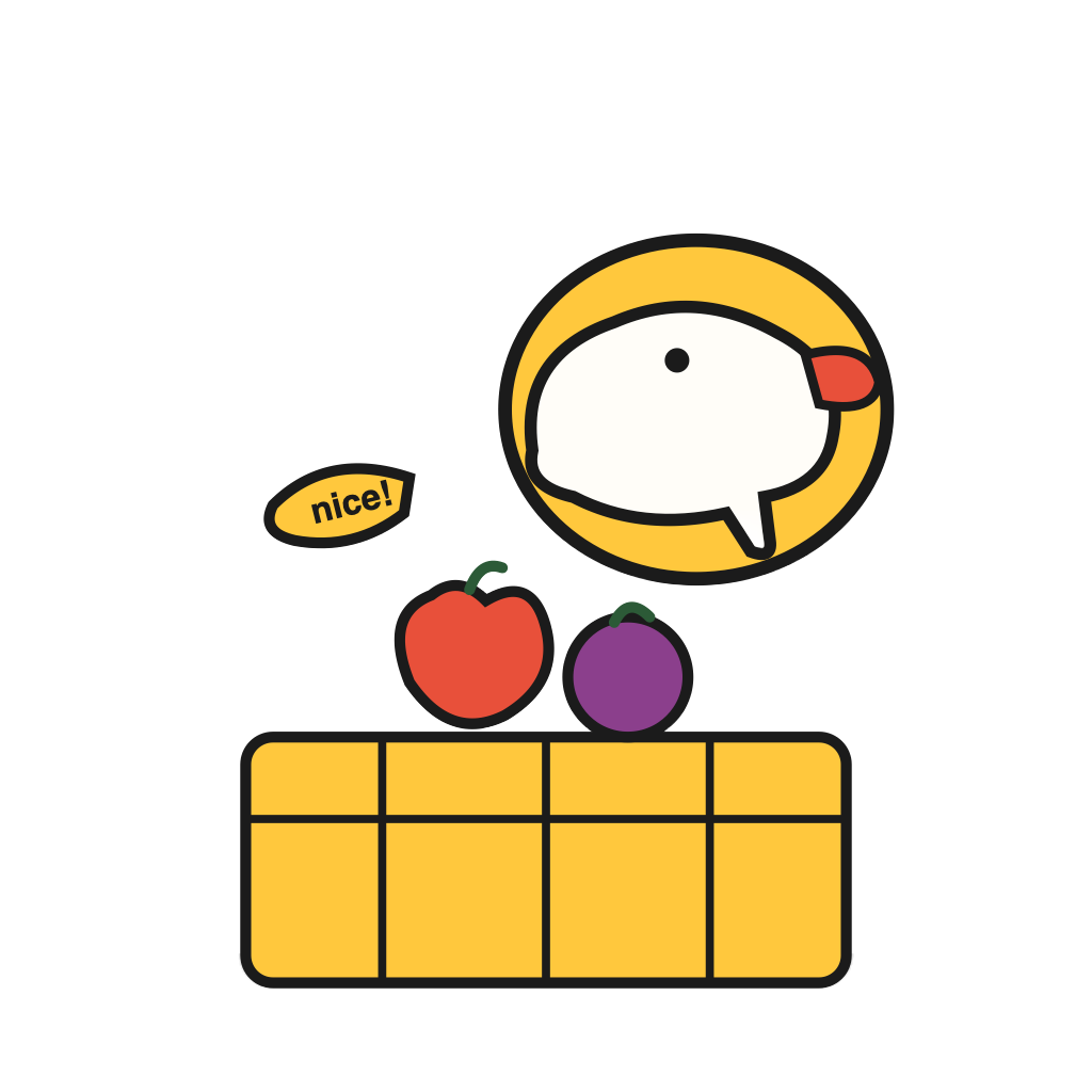 Illustration of a crate of apples and berries with the Ugly Duck mascot saying nice!